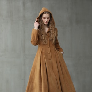 retro hooded wool coat, maxi camel coat, wool coat, vintage coat, winter coat, fit and flare coat | Linennaive