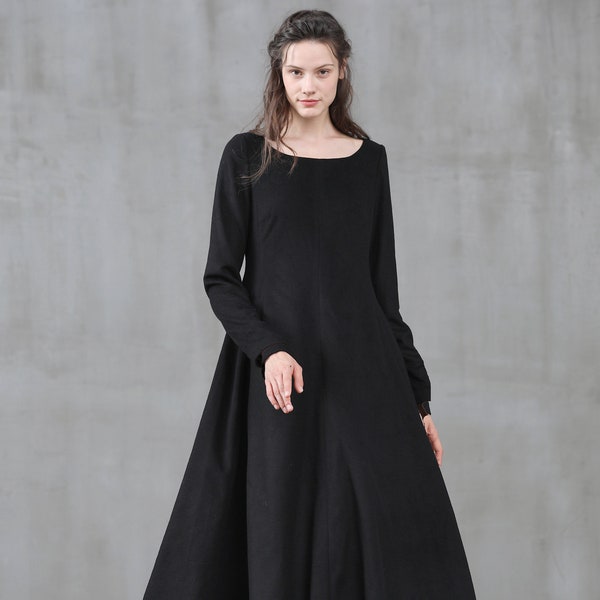 robe en laine noire, robe d'hiver, petite robe noire, robe à manches longues, robe de soirée, robe en laine robe de cocktail | Linnaïf