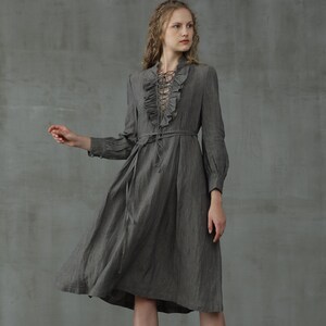 Gray Lace-up Linen Dress, Linen Ruffle Dress, Linen Tunic Dress, Victorian Dress | Linennaive