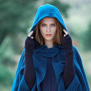 blue wool cape, oversized hooded cape, hooded wool cape, hooded wool cloak, long wool coat, pink coat, wool poncho, medieval cloak