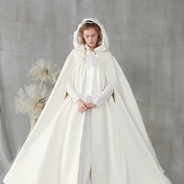 white wool cloak, maxi wedding cloak, hooded cloak, white wedding cloak cape, wool cloak cape,  maxi cloak, bridal cloak | Linennaive