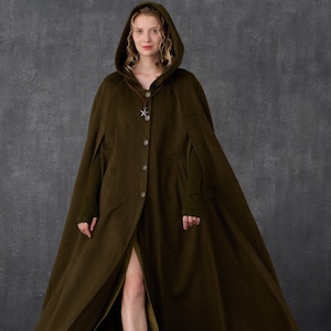 Maxi Hooded wool coat cloak in olive, medieval cloak, single-breasted wool cape, draped cape, wool Cape, Winter coat | Linennaive