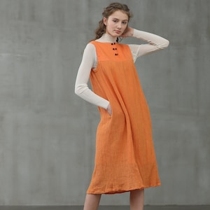 linen dress in orange, linen jumper, square sleeveless dress Linennaive image 1