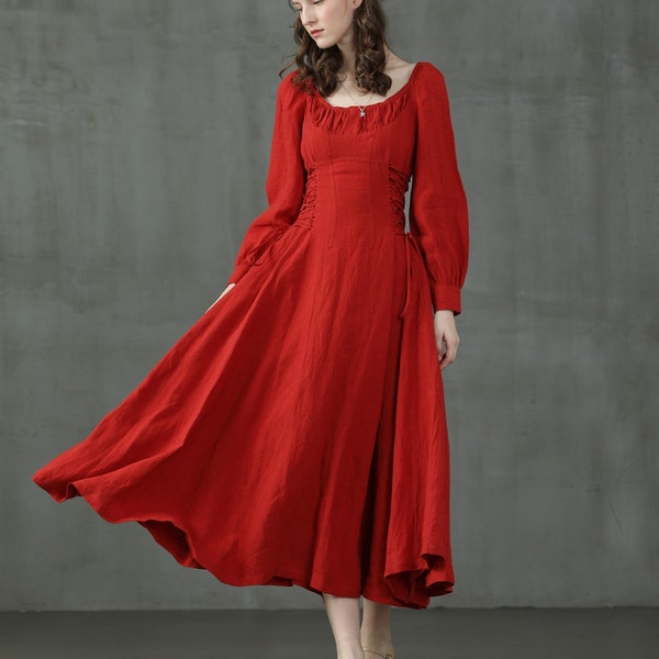 Maxi Leinenkleid, Rotes Leinenkleid, Maxi Leinenkleid, Cocktailkleid, ausgestelltes Abendkleid | Leinennaive