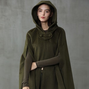 hooded wool coat with pockets,  hooded cape, hooded wool cape, hooded wool cloak, long wool coat, pink coat, moss green wool coat cape