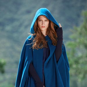 Maxi Hooded Wool Coat Cloak, 100% cape, Maxi wool Cape, Hooded Cape, Wool Hooded Cloak In Green Black Grey blue, Long Wool Jacket image 1