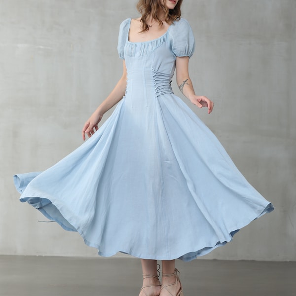 Girdle linen dress, maxi linen dress, cocktail dress, puff sleeve dress, fit and flared dress, 1950s dress | Linennaive