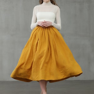 mustard midi linen skirt, a line skirt, pleated flared skirt, 1950 skirt  | Linennaive