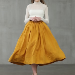 mustard midi linen skirt, a line skirt, pleated flared skirt, 1950 skirt  | Linennaive