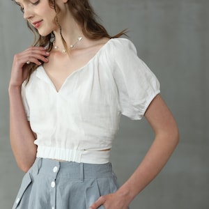 wrap around linen blouse in white, puff sleeve blouse, V neck top, short-sleeve blouse, tie-fastening cropped blouse | Linennaive