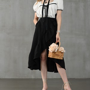 Wrap linen skirt in black, ruffled linen skirt, front-slit linen skirt, flared linen skirt, A line skirt Linennaive image 1