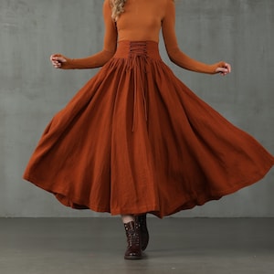 Lace-up Maxi Linen Skirt, girdle linen skirt in burnt orange and dark brown, retro skirt, winter skirt, flared skirt |Linennaive