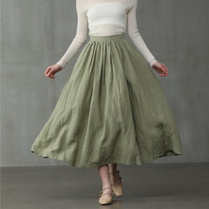Green midi linen skirt, a line skirt, pleated flared skirt, 1950 skirt  | Linennaive