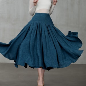 blue linen skirt, flared skirt, midi skirt, full skirt, pleated skirt, winter skirt  | Linennaive