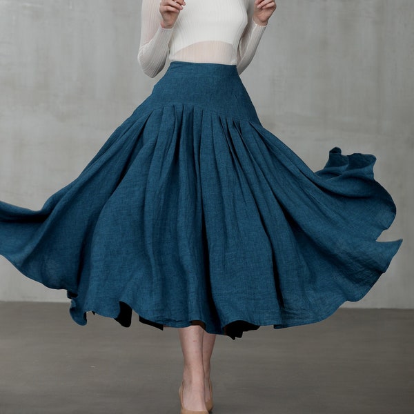 heavy linen skirt, peacock blue skirt, heavy linen skirt, flared skirt, midi skirt, full skirt, pleated skirt, winter skirt  | Linennaive