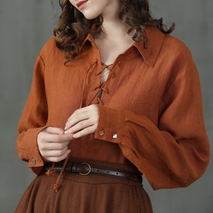 brown lace-up linen shirt, vintage linen shirt, V-neck linen shirt, victorian blouse, longsleeve linen shirt | Linennaive