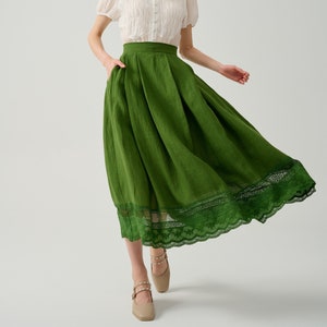 Lace Embroidered Linen skirt in Green, A-line skirt, vintage skirt,  flared linen skirt, summer skirt, midi skirt | Linennaive