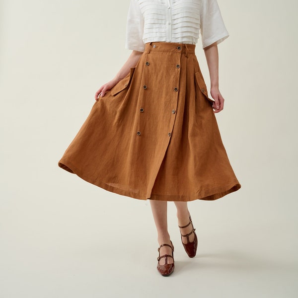 Brown Button linen Skirt, A-line midi skirt, high waist skirt, flared linen skirt, vintage skirt, summer skirt | Linennaive