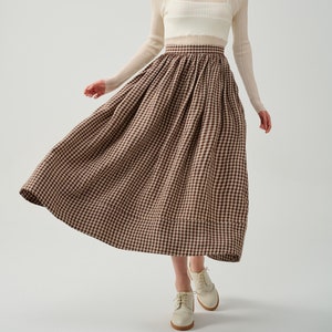 checked linen skirt, A line skirt, pleated flared skirt, midi skirt, 1950 skirt, retro skirt | Linennaive