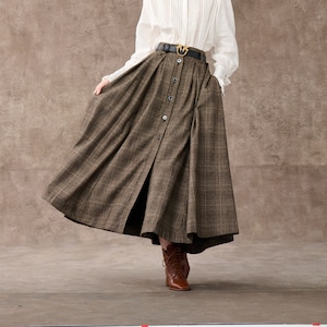 Retro Plaid Midi Wool Skirt, brown wool skirt, Button front Midi Skirt, Pleat Skirt, pockets skirts, Plus Size Skirt | Linennaive