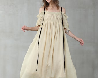 off shoulder linen dress, wedding linen dress in green, bracelet dress, linen kaftan, princess dress | Linennaive