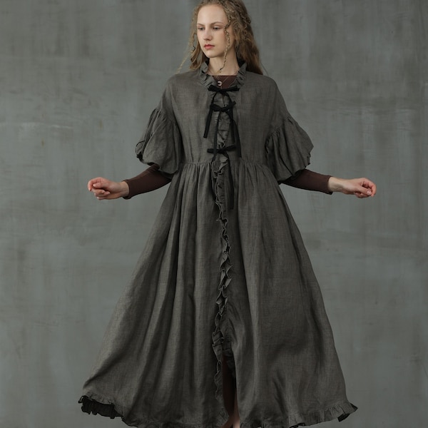 puff sleeve linen coat dress, maxi winter dress, gray linen dress, ruffle dress, victorian style, evening dress | Linennaive