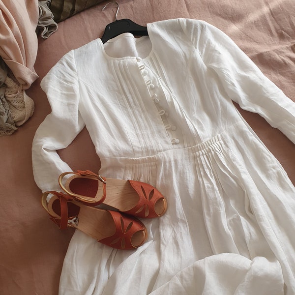 white dress, linen dress, maxi dress, longsleeve dress, wedding dress, white linen dress, cocktail dress, bridal  | Linennaive