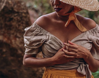 wrap linen top, puff sleeve top, short sleeved top, linen blouse