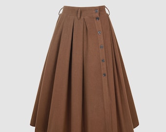 Brown Wool Skirt, Button front Midi Skirt, Retro Winter Skirt, Pockets skirts, High Waist Skirt, warm skirt, Handmade skirts | Linennaive