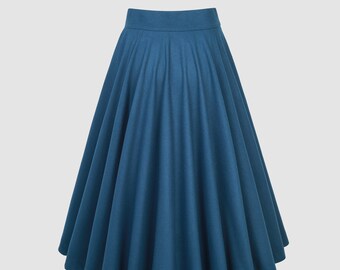 Maxi-Wollrock in Blau, Faltenrock aus Wolle, Winterrock, Vintage-Wollrock, Rock mit hoher Taille, A-Linie-Wollrock mit Taschen | Leinennaiv