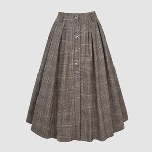 Retro Plaid Midi Wool Skirt, brown wool skirt, Button front Midi Skirt, Pleat Skirt, pockets skirts, Plus Size Skirt Linennaive image 7