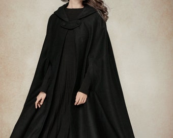 Flare Wool Coat Jacket, Black Hooded Cloak, Winter Cape, Black Cape, Black Cloak, Maxi Coat, Long Wool Coat, Hooded Wool Coat | Linennaive