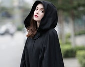 Black Hooded Wool Coat ,wool Cloak Cape, Cashmere Women Wool Winter Coat Long Jacket, Christmas Gift Coat, Black Cashmere Coat Cape Cloak