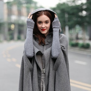 maxi wool poncho cape in grey, black, red, blue, long hooded wool coat cape, maxi coat, maxi wool cape, wool cloak| Linennaive