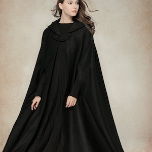 Wool Coat Jacket, Wool Cape, Black Hooded Cloak, Winter Cape, Black Cape, 100% Wool Black Cloak, Maxi Coat, Long Wool Coat, Linennaive image 2