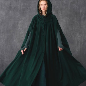 Hooded Wool Cloak Coat in Teal, Maxi Hooded wool cloak, renaissance cloak, witch cloak, full circle cape cloak, winter coat | Linennaive