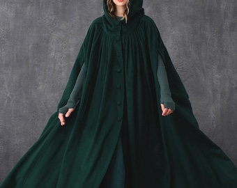 Hooded Wool Cloak Coat in Teal, Maxi Hooded wool cloak, renaissance cloak, witch cloak, full circle cape cloak, winter coat | Linennaive