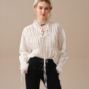 Lace up linen blouse, white linen blouse, ruffle blouse, victorian blouse, women blouse, long-sleeved shirt, oversized blouse Linennaive image 1