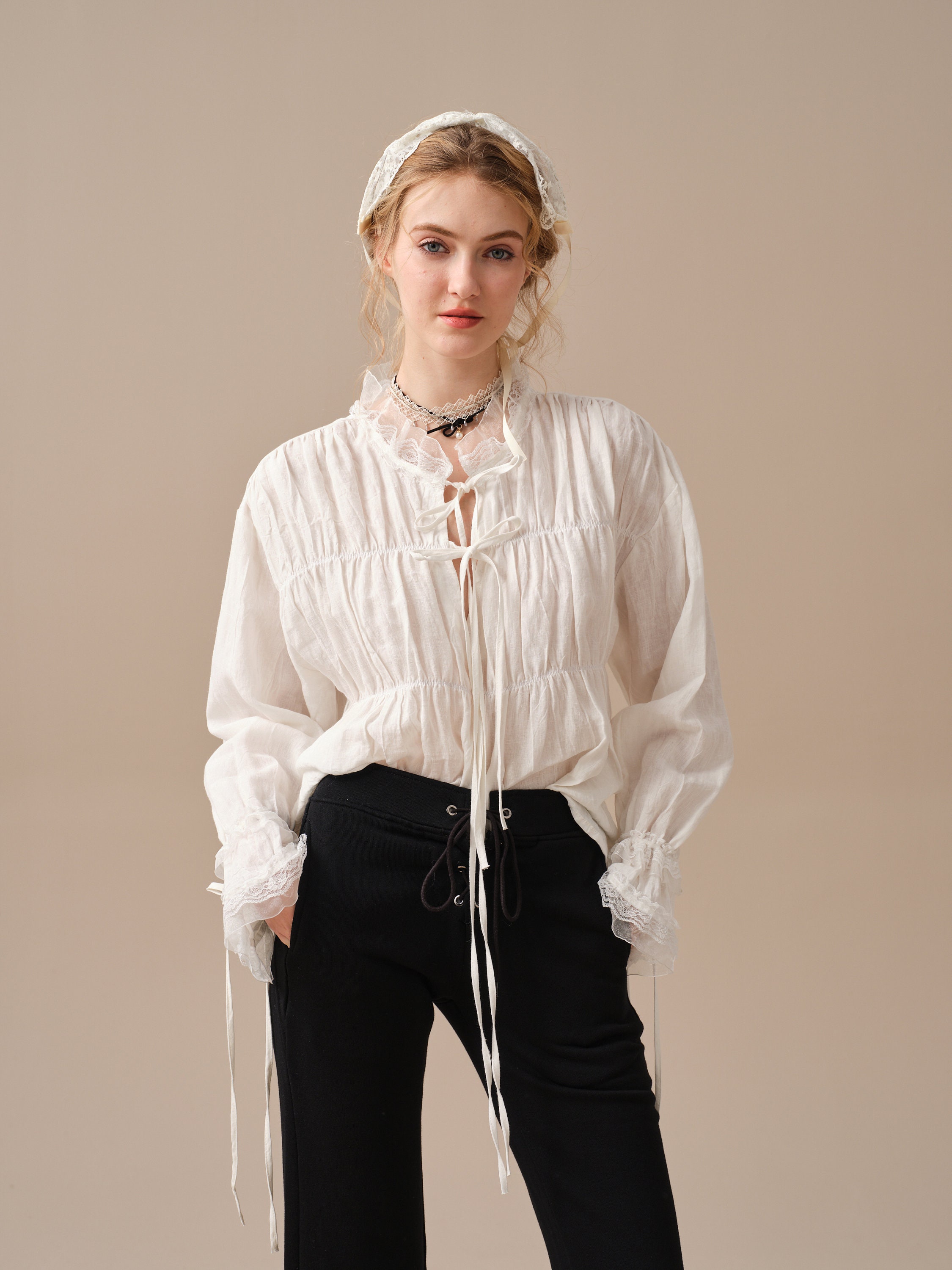 Lace up Linen Blouse, White Linen Blouse, Ruffle Blouse