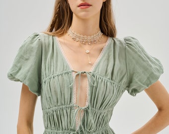 Linen dress in mint green, ethereal dress, corset dress, puff sleeve dress, vintage dress, fit and flared dress | Linennaive