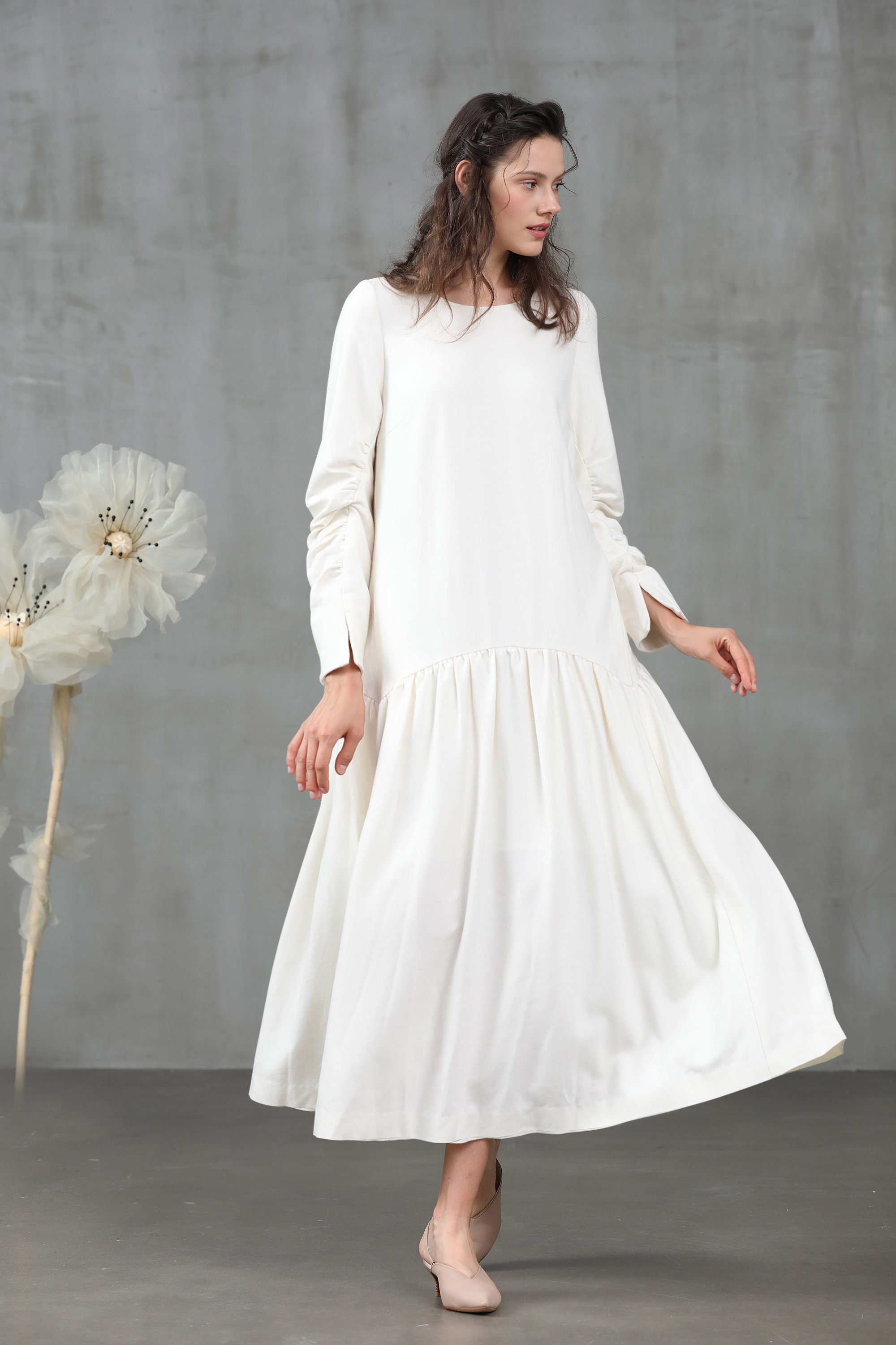 White wool dress maxi wool dress winter dress ruffle wool Etsy