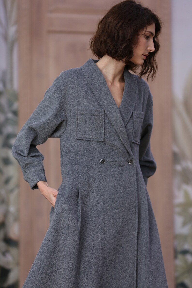 gray wool coat 100% cashmere coat maxi coat in gray black image 4