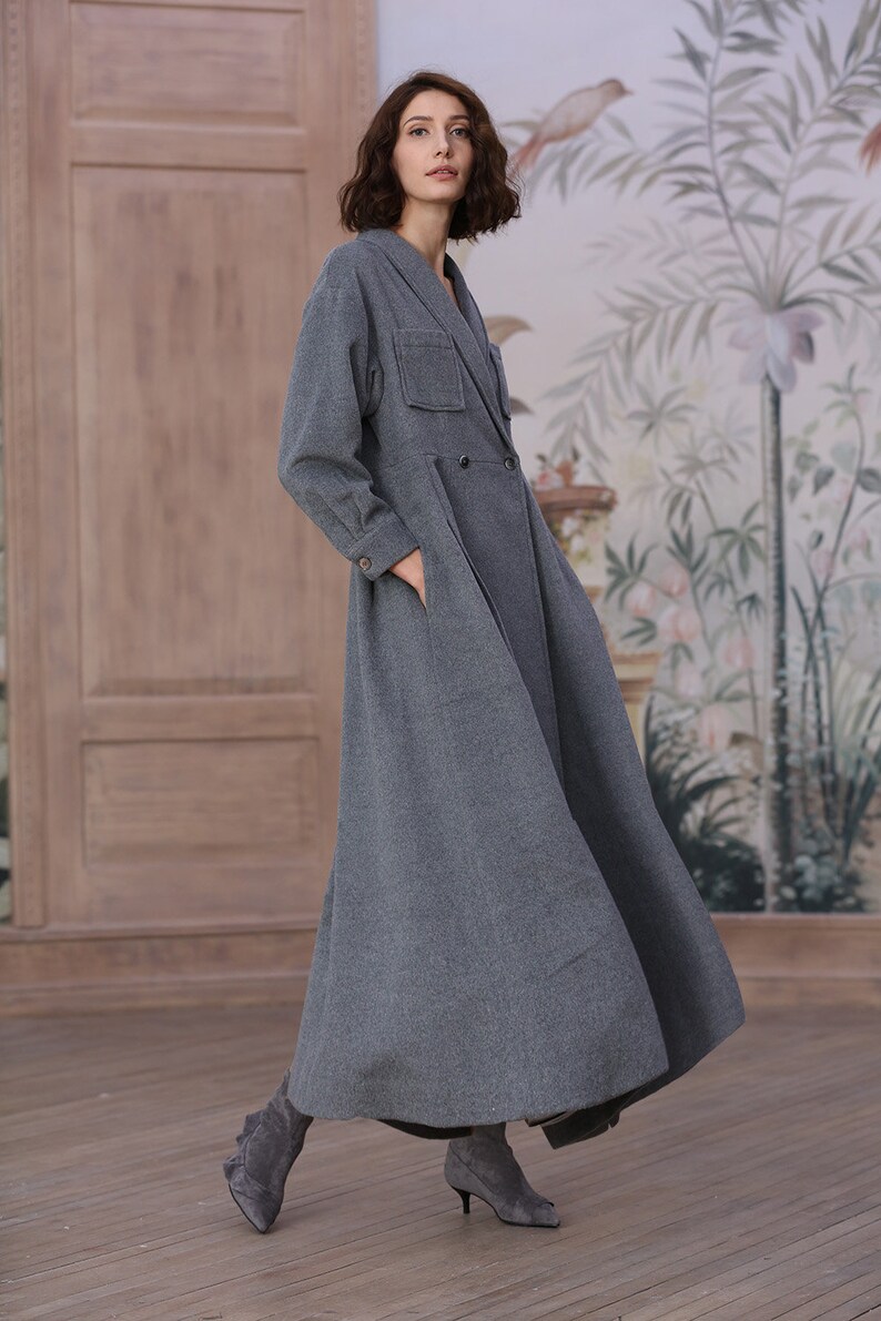 gray wool coat 100% cashmere coat maxi coat in gray black image 2