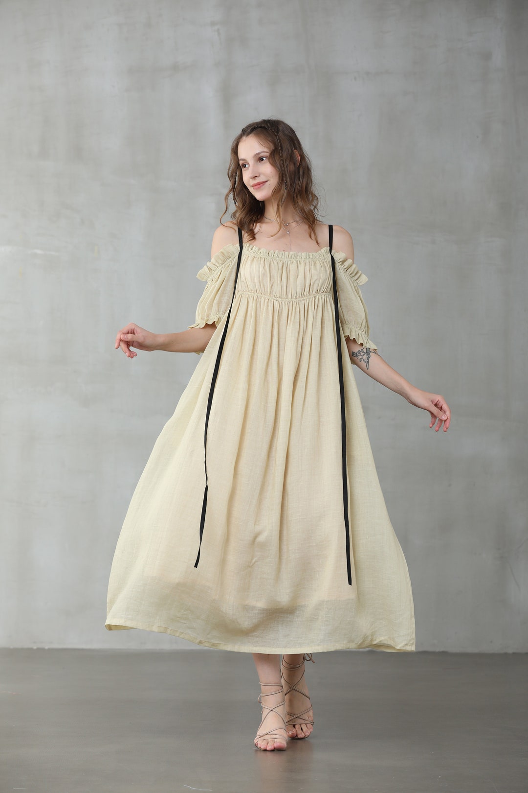 Jiaolin Robe Robe en lin à épaules, robe de lin de mariage en vert, robe bracelet ...