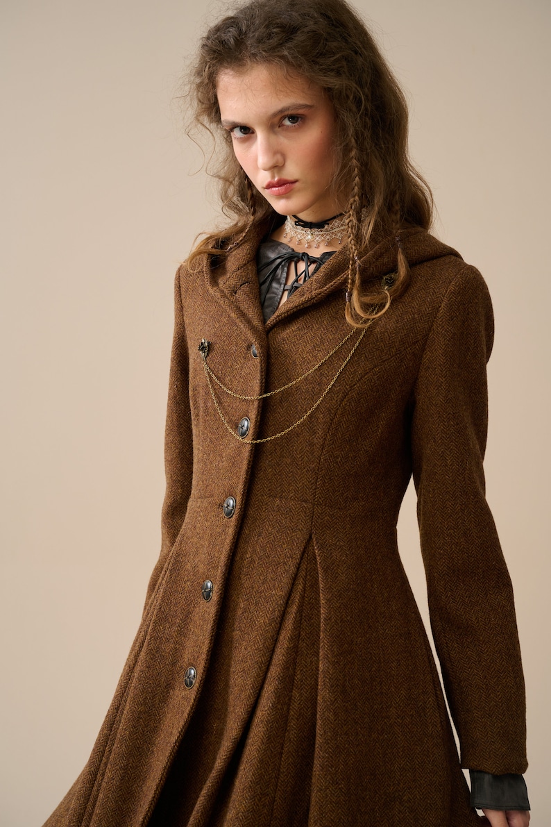 Hooded Maxi Wool Coat in Mocha Brown, Retro Hooded Wool Coat, Classic