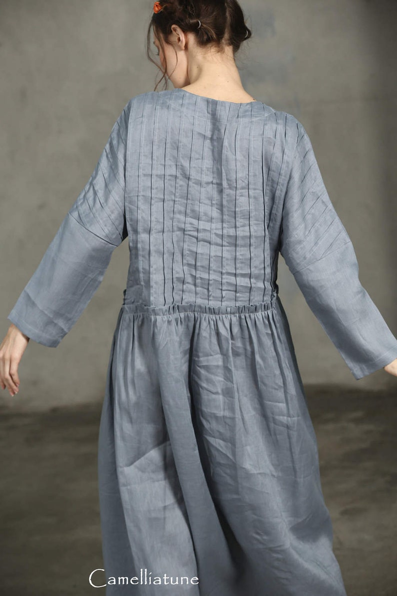 Drawstring Wasit Dress Maxi Linen Dress oNLY \u3010S M L left\u3011Gray linen dress Oversize Grey Linen Dress Maxi Smoky Gray Dress