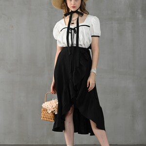 Wrap linen skirt in black, ruffled linen skirt, front-slit linen skirt, flared linen skirt, A line skirt Linennaive image 5