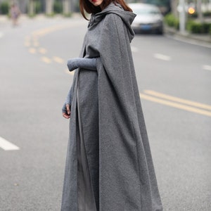 maxi wool poncho cape in grey, black, red, blue, long hooded wool coat cape, maxi coat, maxi wool cape, wool cloak Linennaive image 3