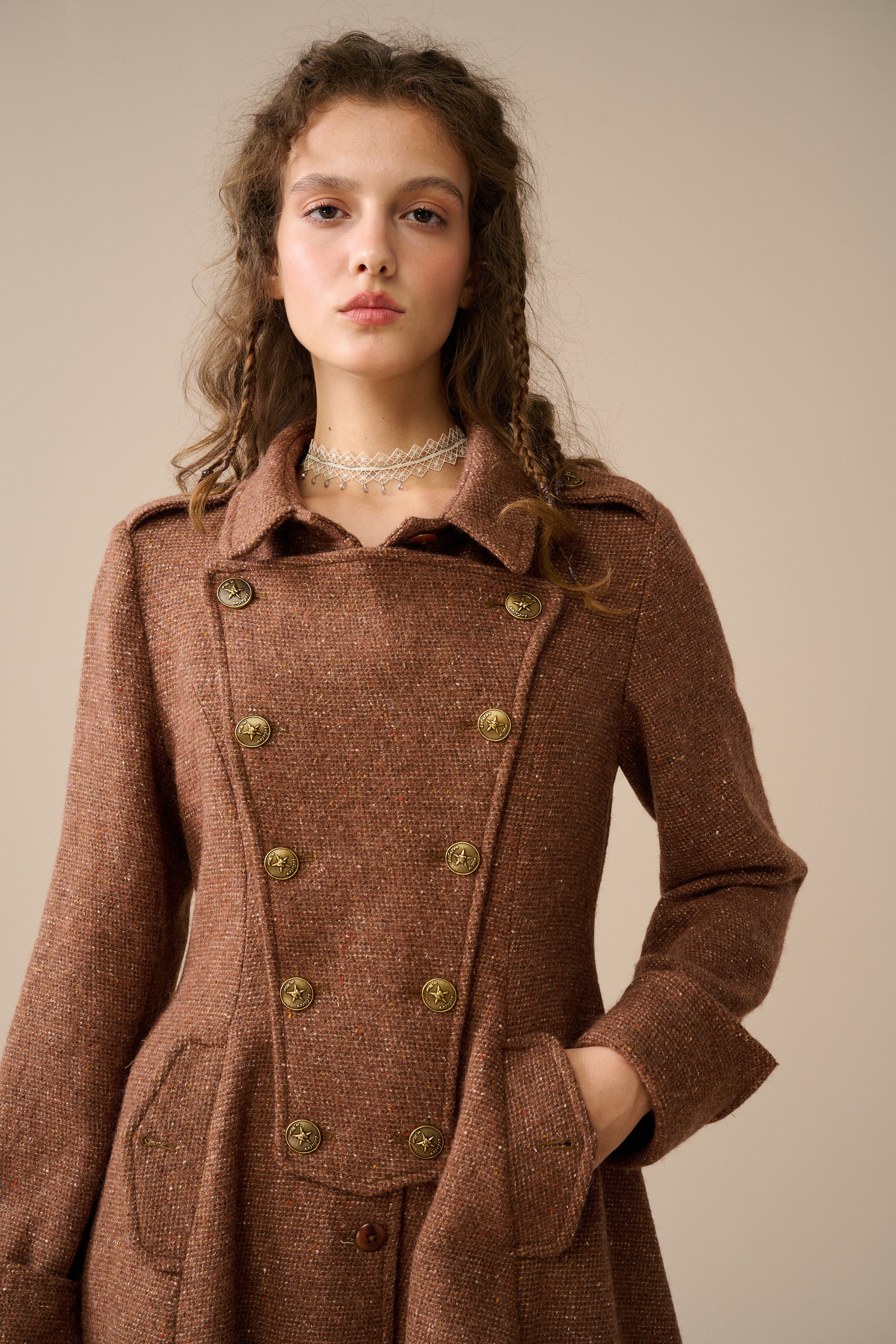 Women's Double Breasted Wool Coat in Sienna, 100% Wool Coat