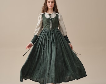 Corset Linen dress in Green, midi dress, lace-up dress, Cocktail Dress, party dress | Linennaive